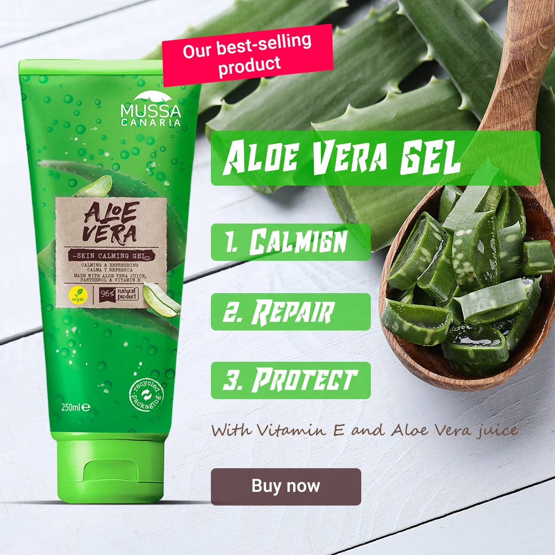 Aloe Vera Gel, calming, repair, protect with vitamin E